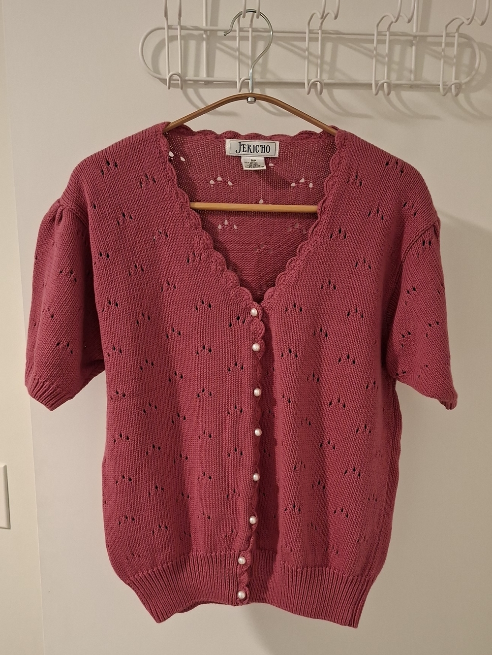 Vintage 100% Cotton Dusty Rose/Berry Puff-sleeve Crochet/Knit Cardigan (Size S)